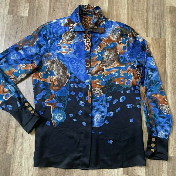Louis Feraud Womens Blue Black Abstract Long Collared Button Up Shirt Top Size 8 - Picture 3 of 9